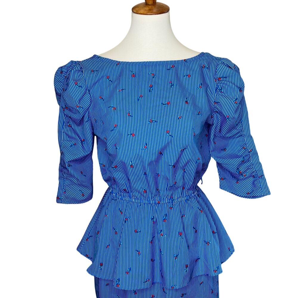 Floral Blue Pinstripe Peplum Dress - Picture 2 of 6